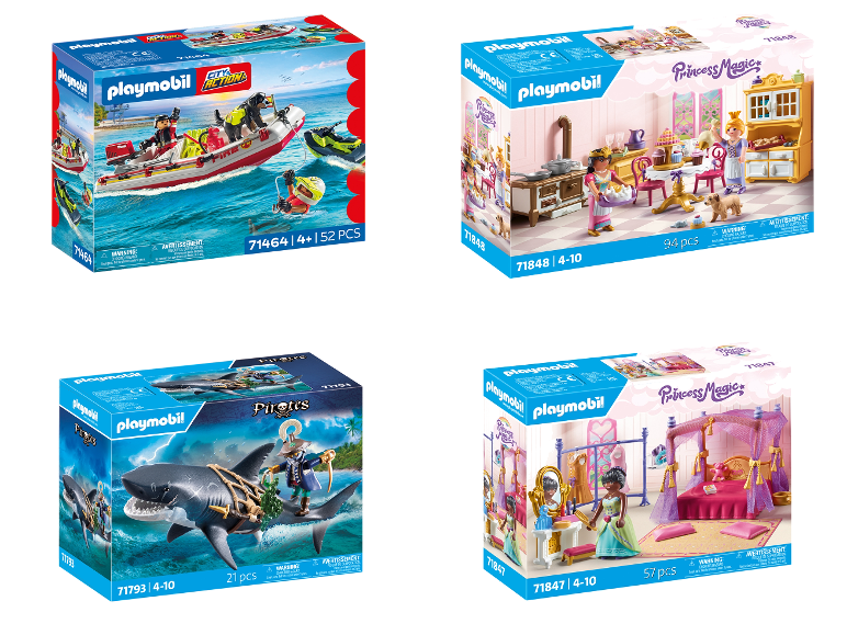 Vier Packungen PLAYMOBIL-Bausets mit verschiedenen Themen.