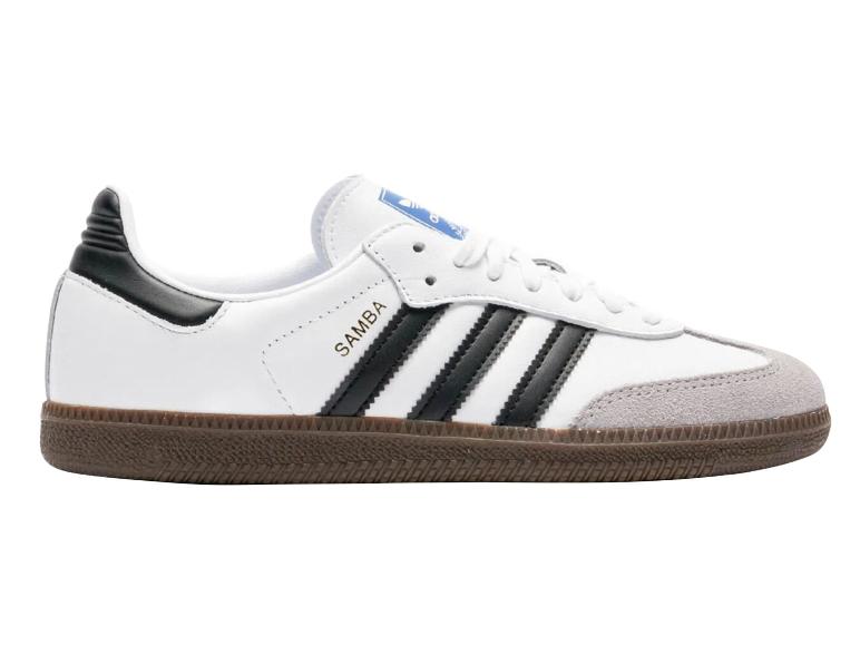 Weißer Sportschuh mit drei schwarzen Streifen und Gummisohle.