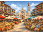 Ein lebhafter Wochenmarkt auf einem italienischen Platz mit frischen Produkten, Käse und Blumen.
