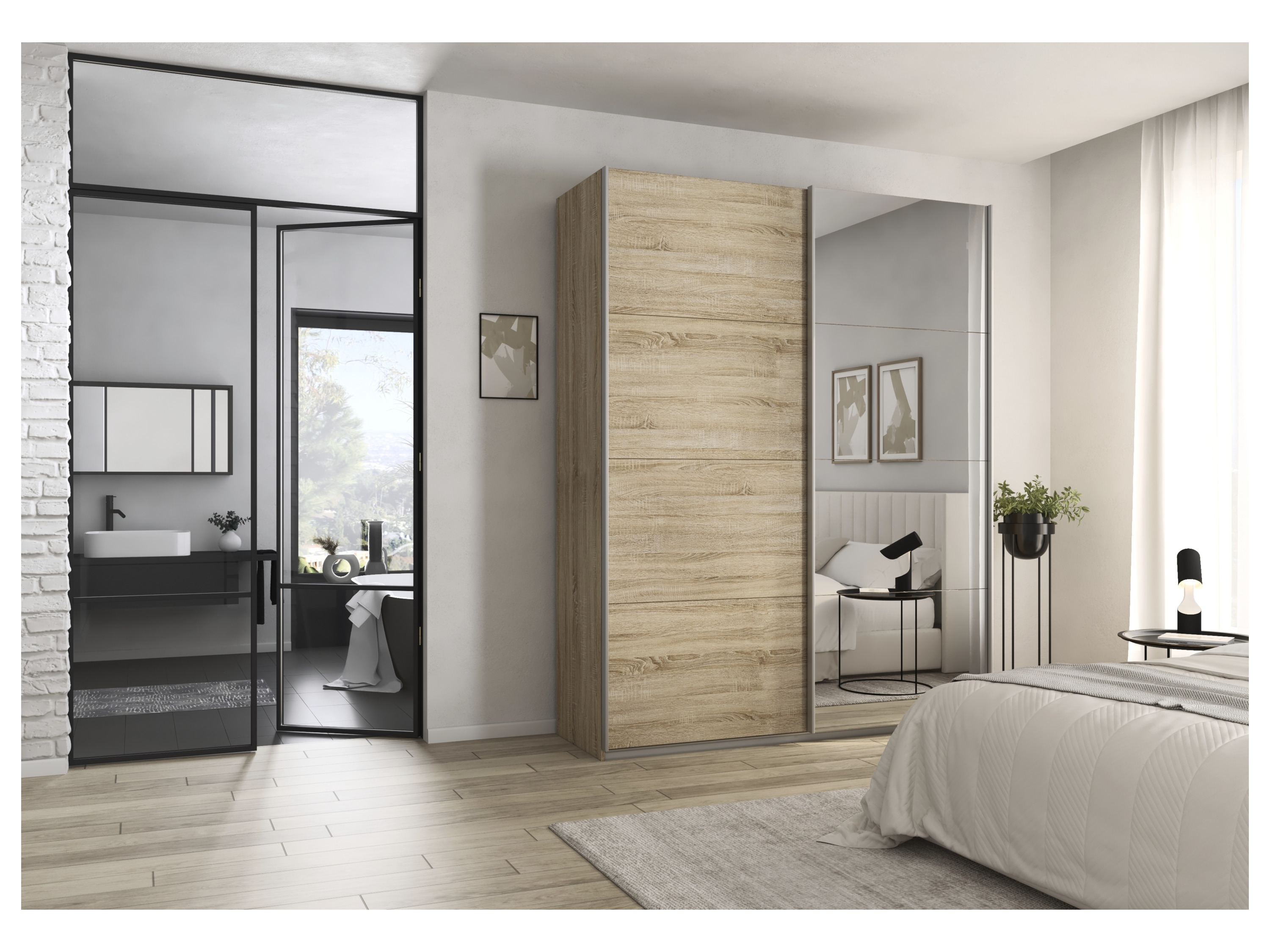 RAUCH ORANGE Quadra Schwebetürenschrank mit Spiegelelementen (Classic-Zubehör, Korpus: Eiche, 181 x 230 cm) – Bild 2 von 4