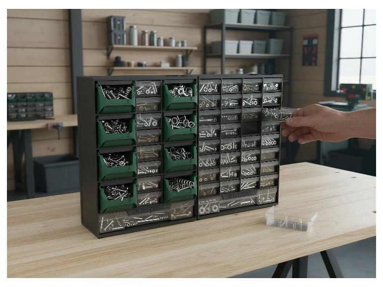 Modularer Organizer mit Kleinteilen und einer Hand, die eine Schublade in einer Werkstatt herauszieht.