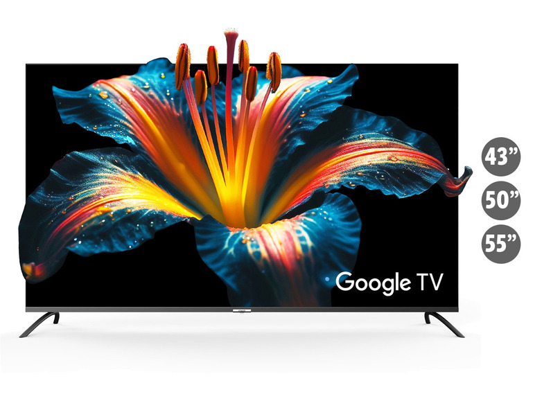 Google TV mit Bildschirmgrößen von 43', 50' und 55', zeigt eine farbenfrohe Blume.