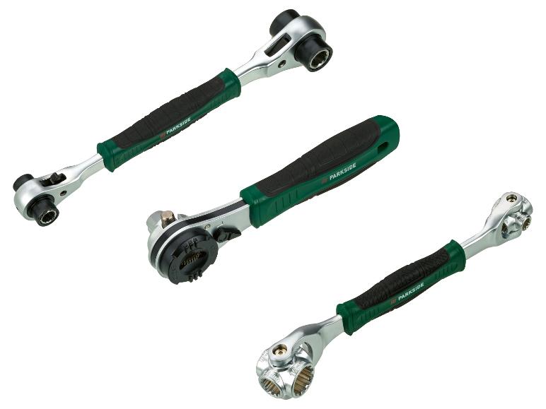 Drei Parkside Ratschenschlüssel mit grünen und schwarzen Griffen.