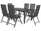 Gartenmöbel-Set: grauer Tisch aus gehärtetem Glas und sechs klappbare Netzstühle.