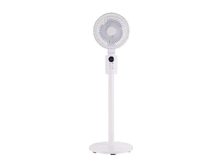 Weißer Standventilator mit Digitalanzeige und rundem Sockel.