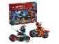 LEGO Ninjago Set mit zwei Motorrädern und Minifiguren, darunter Kai und ein Drachen-Scout.