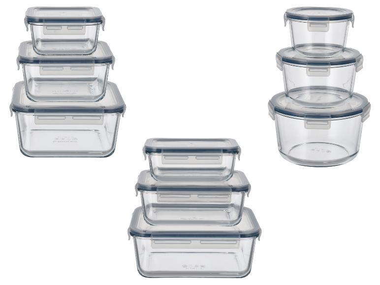 Set aus Glas-Vorratsbehältern mit grauen Deckeln, in quadratischen und runden Formen.