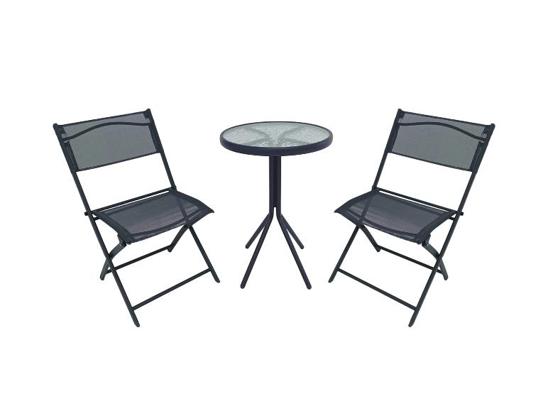 Outdoor-Bistro-Set mit zwei dunkelgrauen Klappstühlen und einem runden Glastisch.