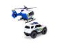 Spielzeug-Polizeihubschrauber und Polizeiauto in Weiß und Blau.