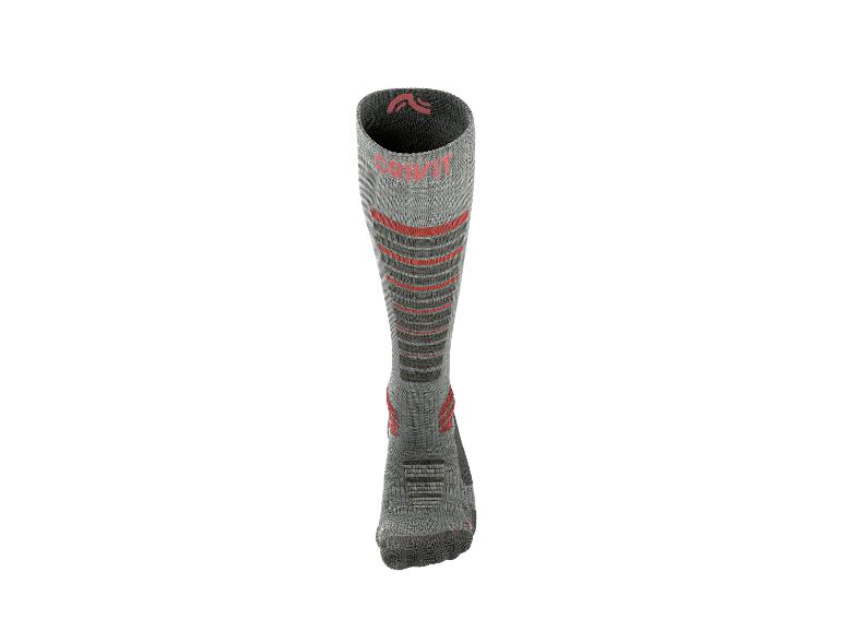 Graue Sportsocken mit roten Streifen und Crivit-Logo