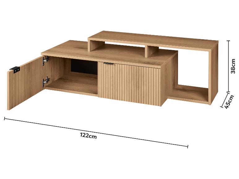 TV-Möbel aus Holz mit Tür und Regal, Maße 122x45x38cm.