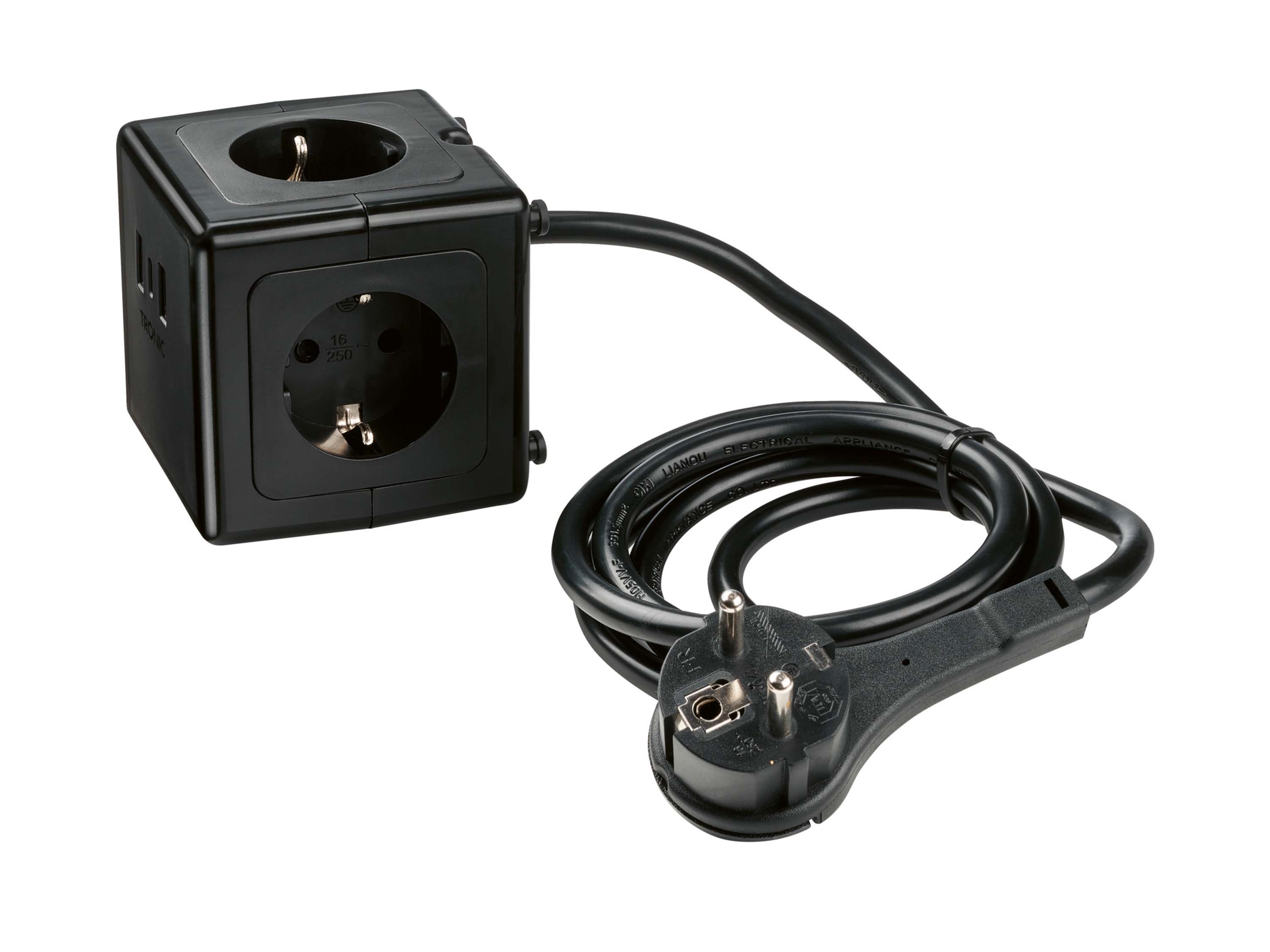 TRONIC® Steckdosenwürfel mit USB-Ports (Schwarz)""