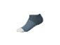 Dunkelblaue Socke mit hellblauen Streifen und weißer Spitze.