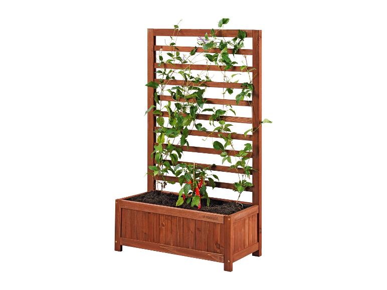 Ein Holz-Pflanzgefäß mit Rankgitter für Kletterpflanzen, mit Parkside-Logo.