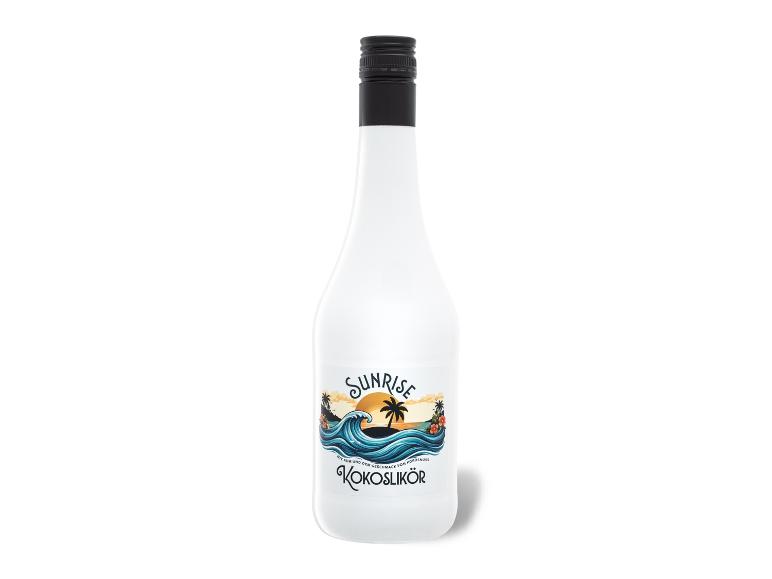 Eine Flasche Sunrise Kokoslikör 21 % Vol mit tropischem Design.
