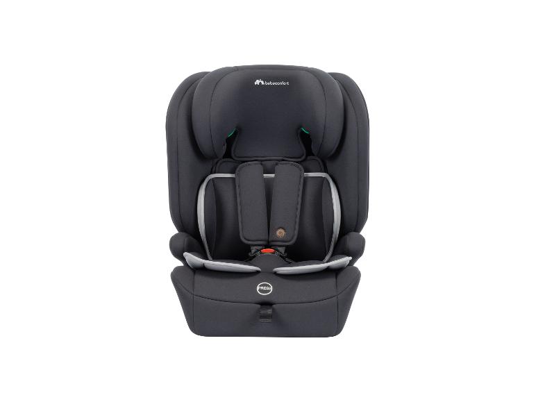 Dunkelgrauer Kindersitz mit Fünfpunktgurt und „PRESS“-Knopf.