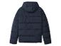 Dunkelblaue Steppjacke mit Kapuze, Rückansicht.