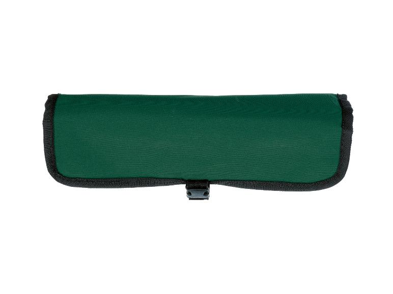 Dunkelgrüne Stofftasche mit schwarzem Riemen und Schnalle