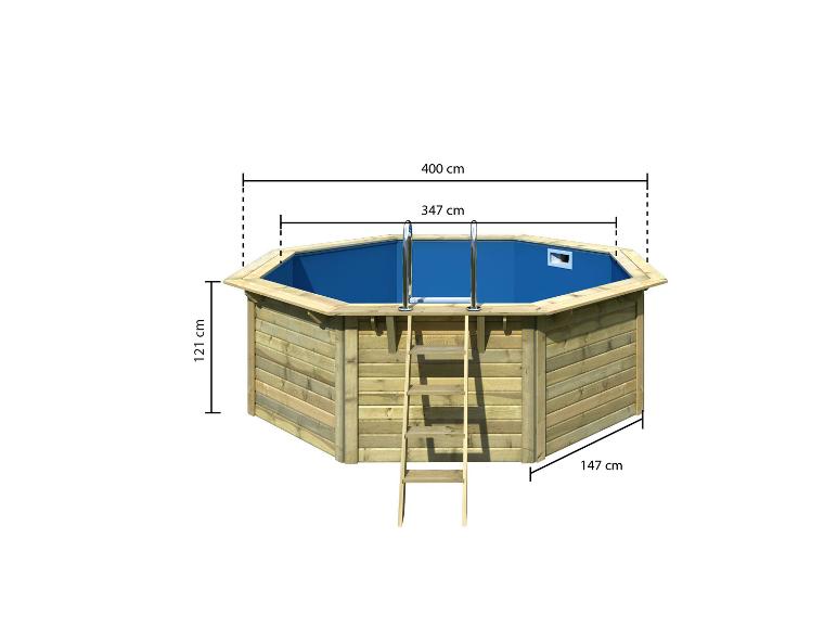 Achteckiger Holzpool mit Leiter, blauer Auskleidung und Maßen von 400x347x121 cm.