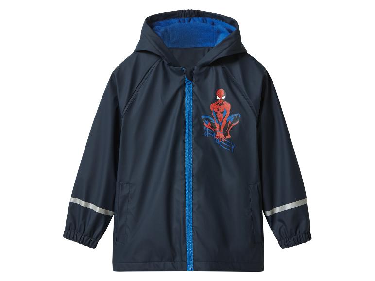 Dunkelblaue Kinderregenjacke mit Kapuze und Spiderman-Aufdruck