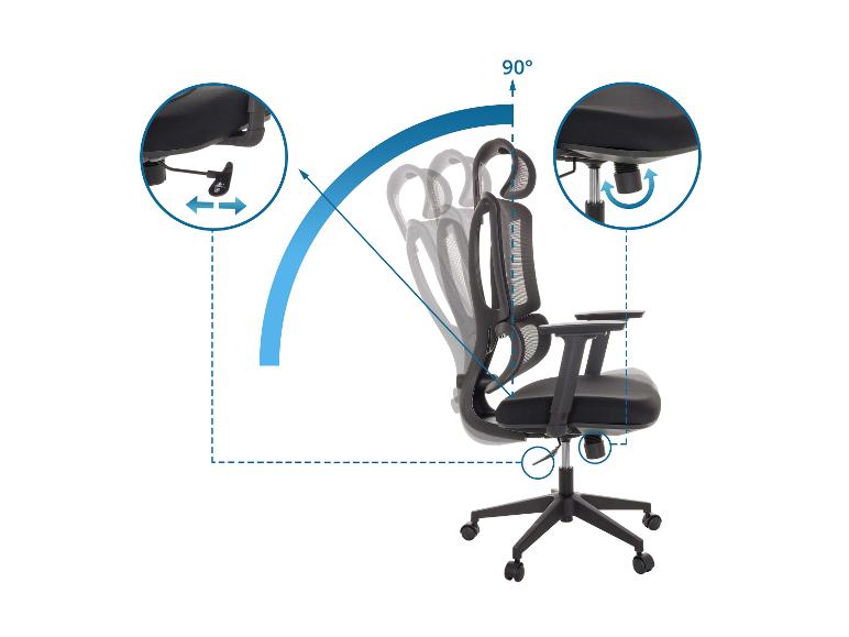 Schwarzer Bürostuhl mit verstellbarer Rückenlehne, Höhe und Neigung.