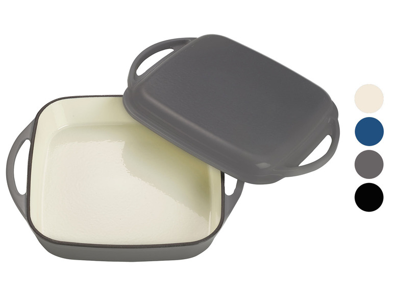 Eine graue gusseiserne Auflaufform mit Deckel.