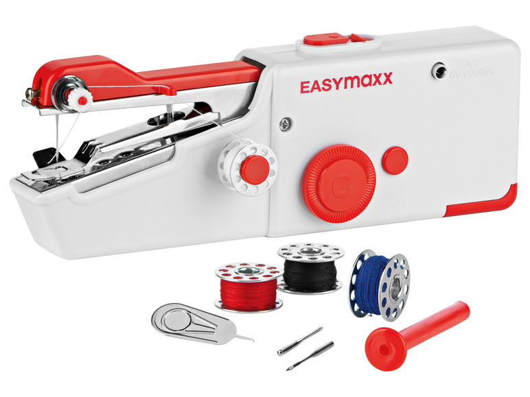Eine tragbare Nähmaschine von EASYMAXX mit Spulen und Zubehör.