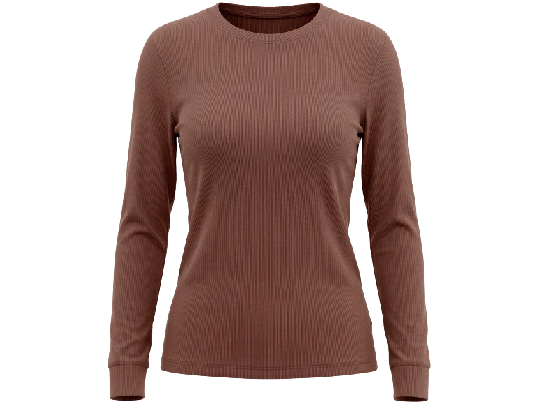 Braunes geripptes Langarmshirt für Damen mit Rundhalsausschnitt.