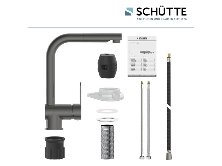 Eine schwarze Küchenarmatur von Schütte mit Zubehör und Montageanleitung.
