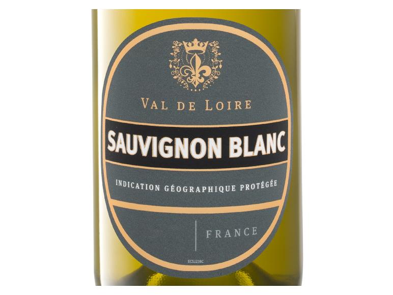 Flasche Weißwein Sauvignon Blanc aus dem Loiretal mit der Aufschrift „Indication Géographique Protégée“.