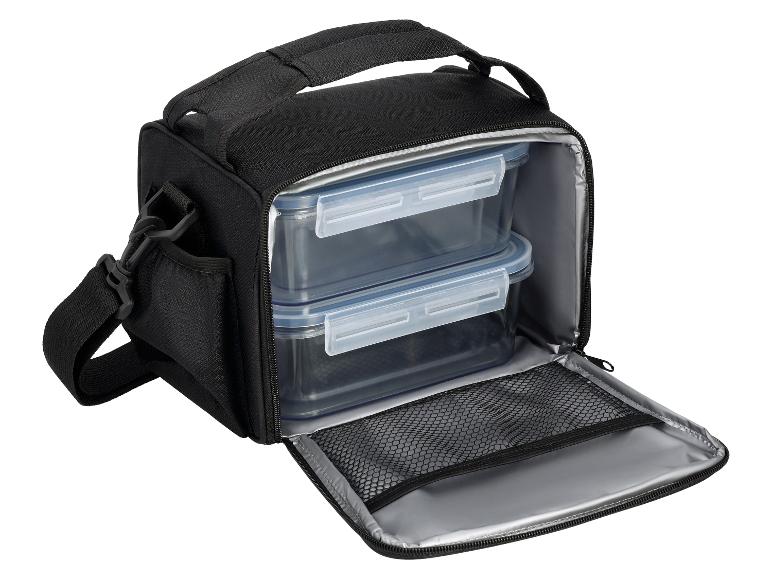 Schwarze Kühltasche mit zwei transparenten Lebensmittelbehältern.