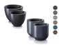 Vier runde Blumentöpfe in verschiedenen Größen, in dunkelgrau