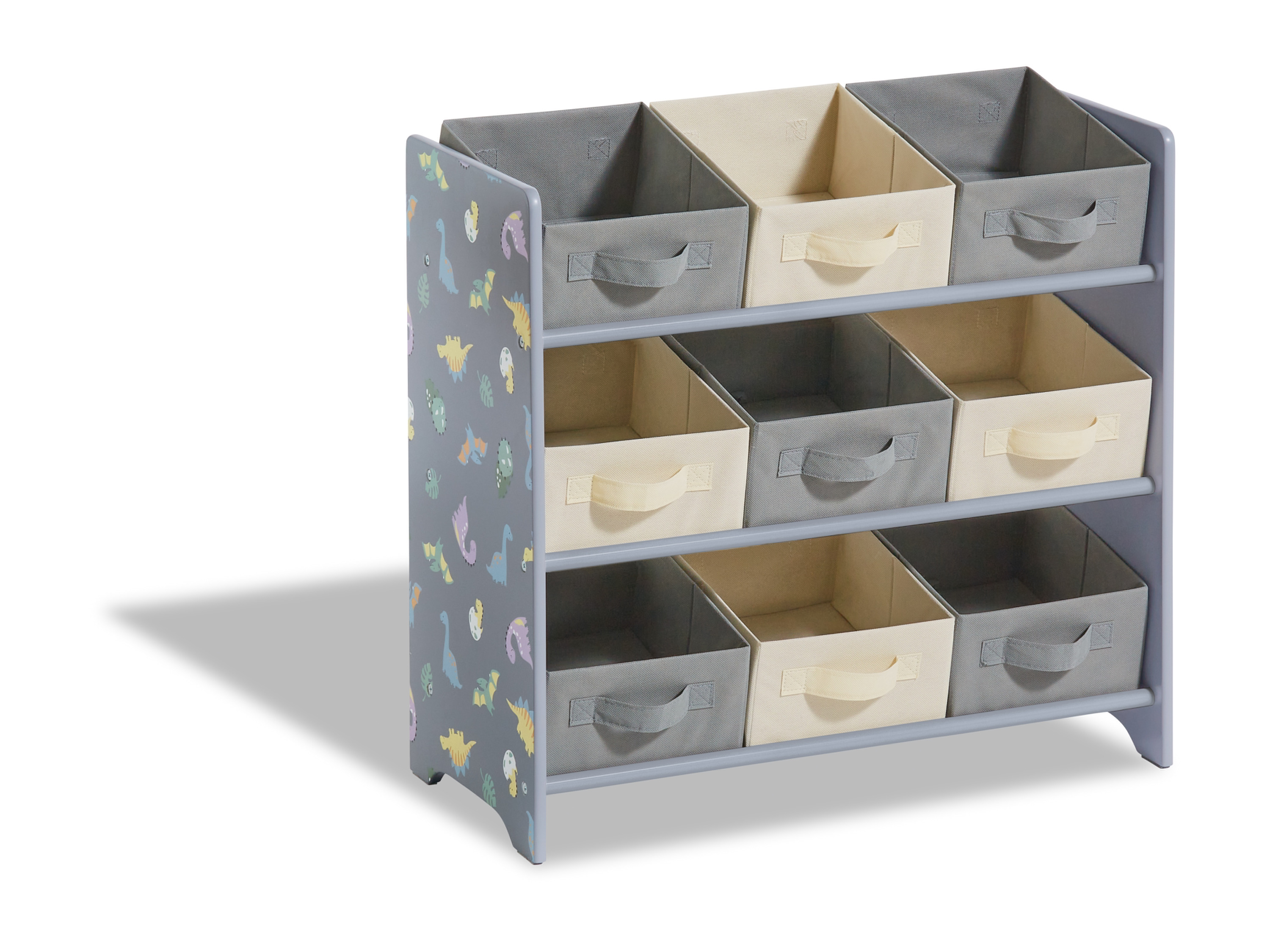 LIVARNO home Kinder Aufbewahrungsregal (Dinosaurier/grau)““ | buntes Regenbogen-Motiv Serie: – Beleuchtung: nein Anzahl Fächer: 3 Pflegeleicht: ja Kratzfest: nein Material: Mdf, Papierkarton, PP-Vlies, Stahl Max. Belastung: je Box 2 kg Maße: ca. B 65 x H 62 x T 30 cm Gewicht: ca. 5,5 kg““