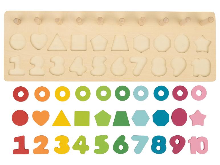 Holz-Sortierspiel mit Formen, Zahlen und bunten Ringen.