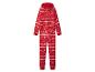 Roter Weihnachtsoverall mit Kapuze und Rentier- und Schneeflockenmuster.