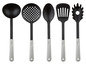 Ein Set Kochgeschirr mit Schöpfkelle, Schaumlöffel, Löffel, Spatel und Pastalöffel.
