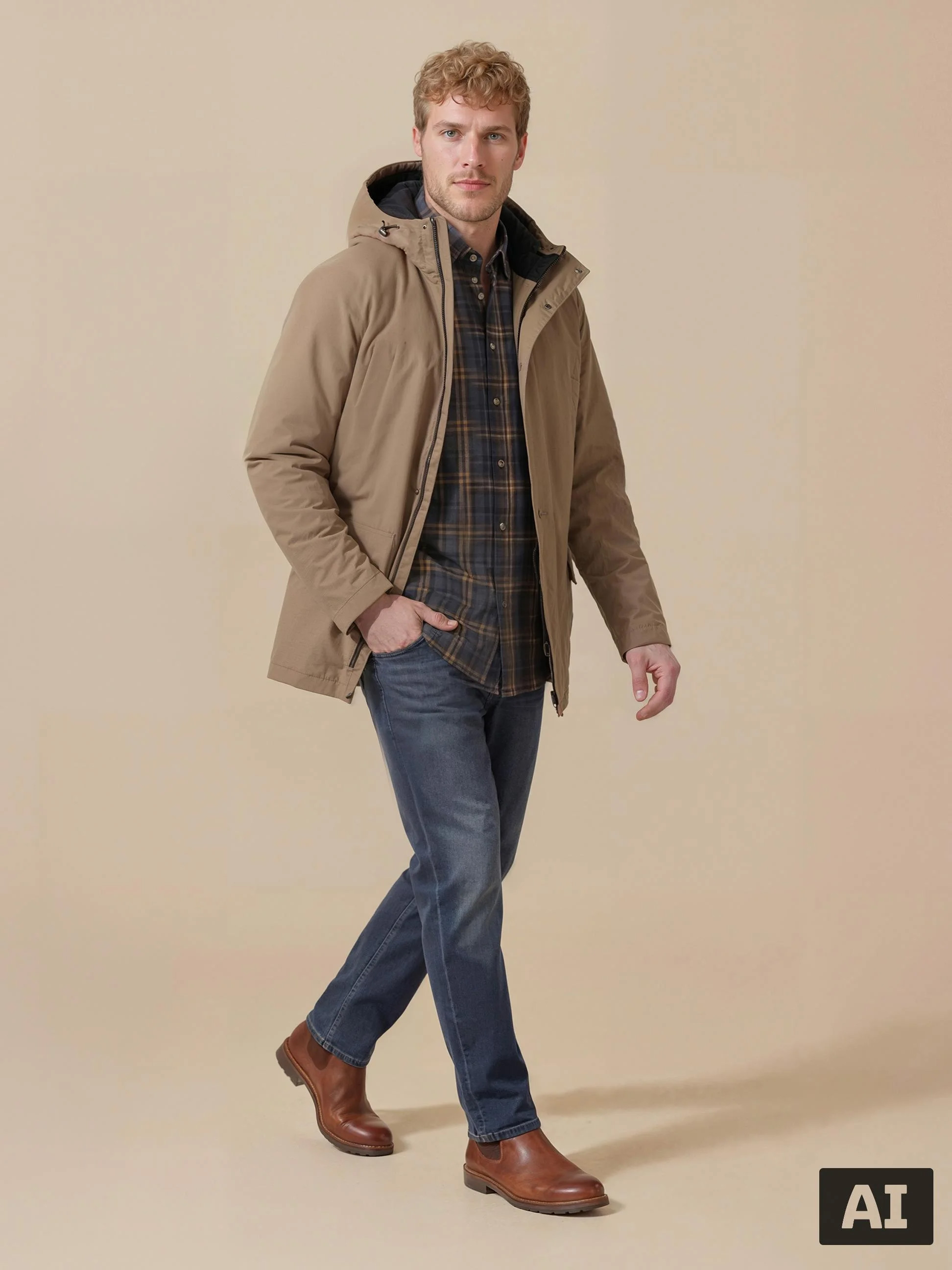 Mann in einer braunen Kapuzenjacke, einem karierten Hemd, Jeans und Lederstiefeln.