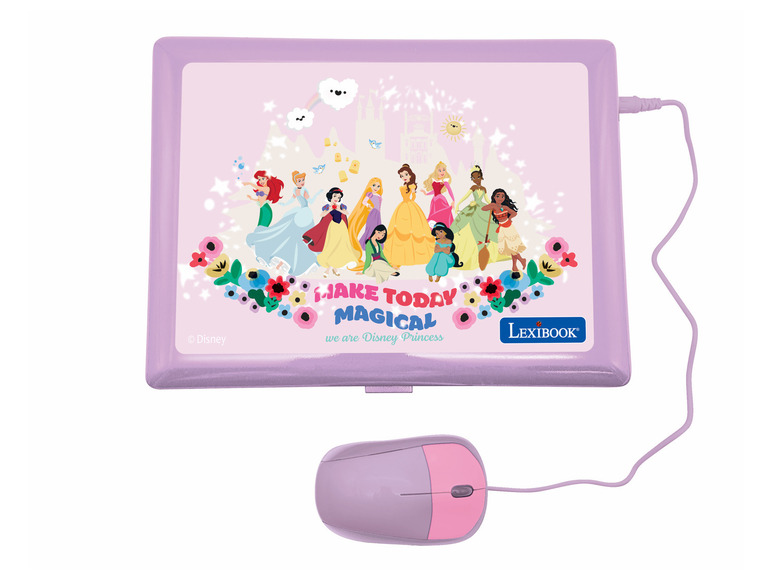 Ein rosa Lexibook-Laptop mit Disney-Prinzessinnen und einer Maus.