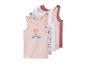 Set aus fünf Kinder-Tanktops in Rosa-, Weiß- und Brauntönen, mit Ballon- und Regenbogenmotiven.
