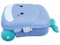 Blauer Kinderkoffer in Walform mit Rollen und Schwanzflosse.