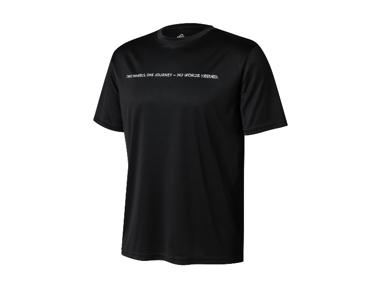 Schwarzes kurzärmeliges Sport-T-Shirt mit dem Text „TWO WHEELS, ONE JOURNEY – NO WORDS NEEDED.“
