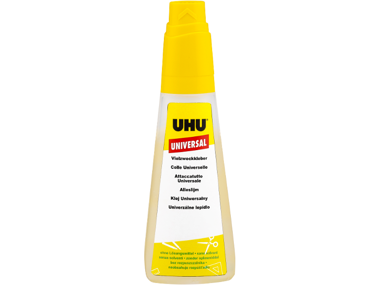 Flasche Universal-Klebstoff mit mehrsprachigem Etikett und gelbem Verschluss.