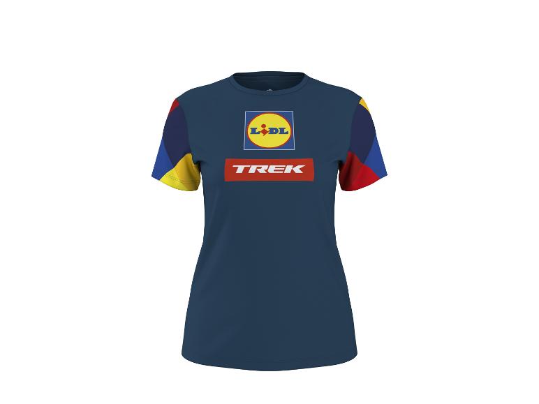 Dunkelblaues Kurzarm-T-Shirt mit farbigen Einsätzen an den Schultern und Logo auf der Brust.