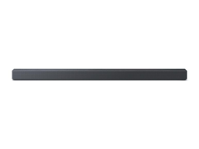 Schwarze Soundbar auf weißem Hintergrund.