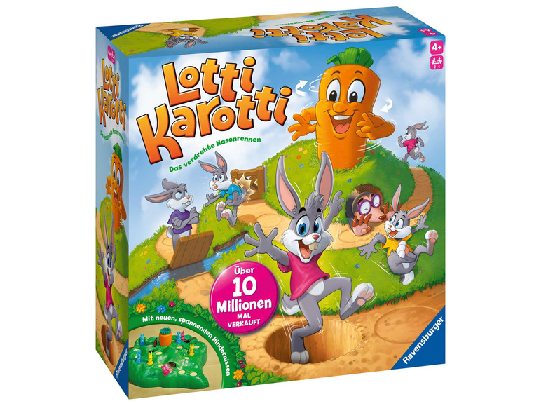 Die Schachtel des Brettspiels Lotti Karotti von Ravensburger mit einem Kaninchen auf einer drehenden Karotte.
