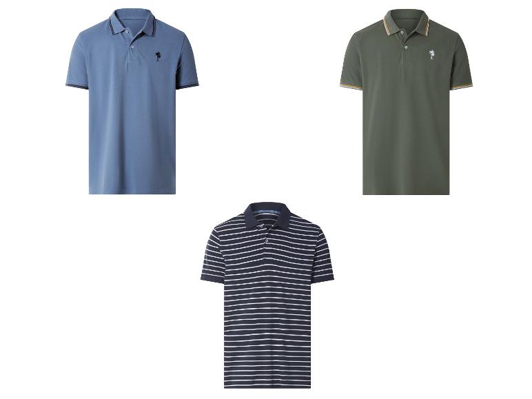 Drei Herren-Poloshirts: blau, olivgrün und marineblau gestreift.