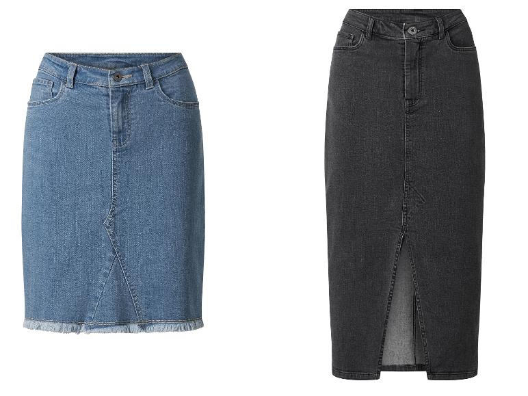 Zwei Jeansröcke, einer blau und einer schwarz, auf weißem Hintergrund.