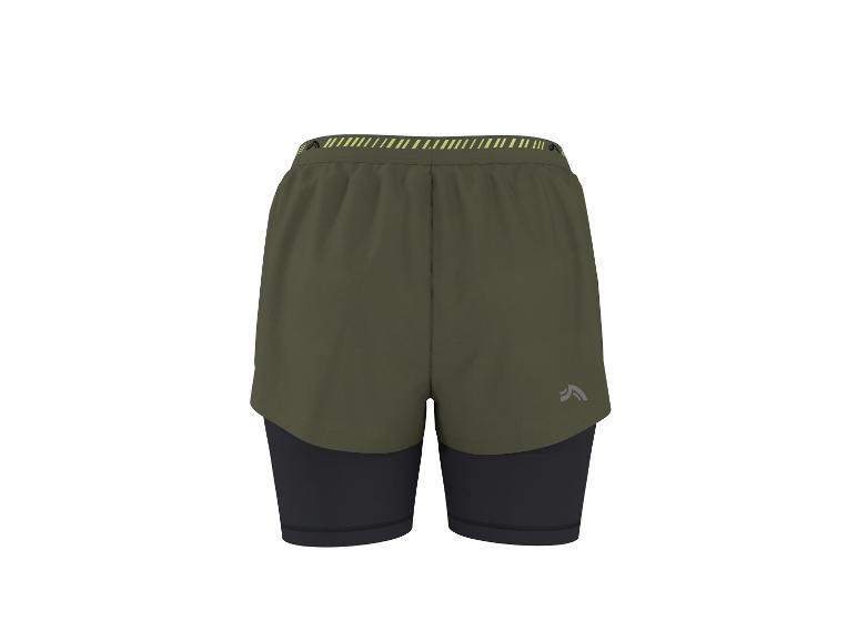 Herren 2-in-1 Sportshorts in Khaki mit schwarzen Leggings und Neonbund.