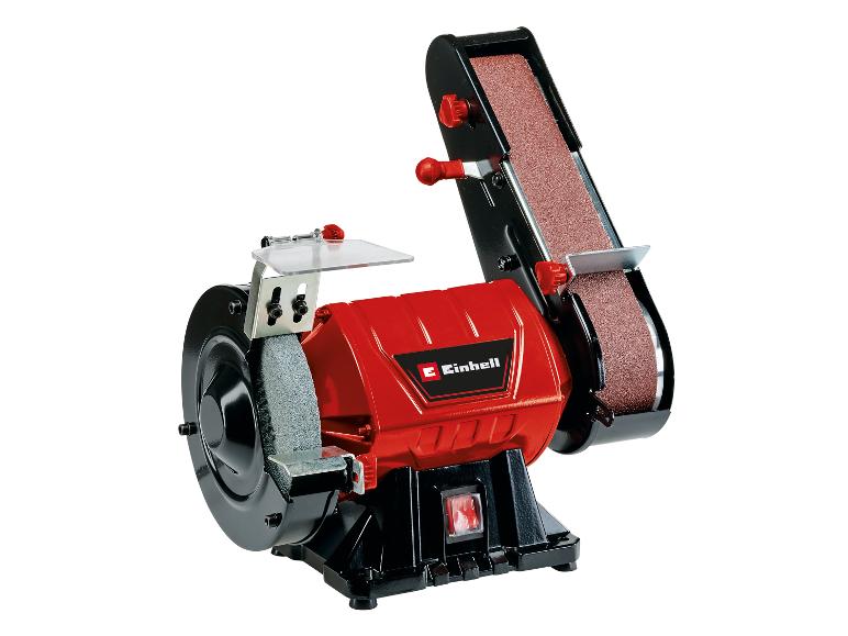 Rot-schwarzer Doppelschleifer mit Schleifscheibe und Schleifband.