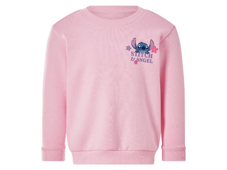 Rosa Sweatshirt mit Stitch- und Angel-Aufdruck und dem Text „Stitch & Angel“.